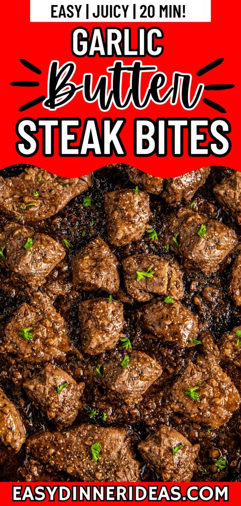 Tender and juicy garlic butter steak bites are an easy, 20-minute restaurant-quality dinner! The flavorful steak bites are cooked to perfection in a garlicky red wine sauce in just one skillet. Tender And Juicy Garlic Butter Steak Bites, Easy Ribeye Steak Recipes, Steak Bites With Garlic Butter Oven, Steak Garlic Bites, Steak And Bacon Recipes, Steak Bites With Garlic Butter Cast Iron, Recipes Using Ribeye Steak, Steak Bite Marinades, Stake Bites Recipe