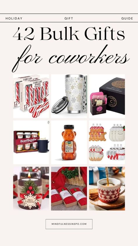 42 bulk gifts for coworkers for Christmas featuring winter coffee tumbler, individually packed tea, bombombs hot chocolate powder in small coffee cups, honey in bear packaging, Christmas sheet masks in bulk, Christmas candles in bulk, Christmas shawl in bulk, Christmas mug in a sweater, sugar canes and more gift ideas in the gift guide on mindfulnesssinspo.com Gifts For Staff Christmas, Small Christmas Gifts For Coworkers, Diy Coworker Gifts, Bulk Gifts For Coworkers, Coworker Xmas Gifts, Gifts For Staff, Coworker Holiday Gifts, Diy Christmas Gifts For Coworkers, Employee Holiday Gifts