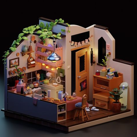 Kitchen by 3d.duckling on Dribbble Kitchen 3d, Kitchen Diorama, 3d Diorama, Cute 3d Environment, Isometric 3d Room, Japanese House Diorama, Blender 3d Isometric Room, Red Pencil, School Icon