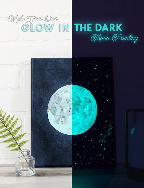 Simple Diy Art, Diy Glow, Glow Paint, Dark Paintings, Christmas Paintings On Canvas, Simple Wall Art, Glowing Art, Moon Wall Art, Moon Painting