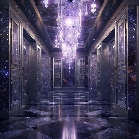 Hallway With Doors Aesthetic, Portal Room Shifting, Hallway With Many Doors, Magical Hallway, Fantasy Hallway, Hallway Of Doors, Fantasy Castle Interior, Waiting Room Ideas, Purple Hallway