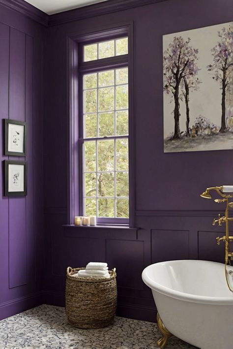 Is Vesper Violet (SW 6542) Wall paint good for Bathroom [2024] Best Guide & Review - West Pear Interiors Violet Bathroom Ideas, Violet Bathroom, Bathroom Wall Paint, Contemporary Glam Living Room, Dark Purple Bathroom, Purple Bathroom Ideas, Dark Purple Paint, Purple Wall Paint, Bathroom Purple