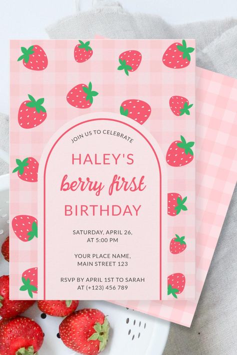 Strawberry Pink Cute Berry First 1st Baby Birthday Invitation Berry Sweet One First Birthday, Sweet One First Birthday, Baby Birthday Invitations, Strawberry Baby, Strawberry Pink, Girl Themes, Place Names, Birthday Design