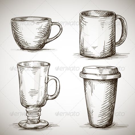 Set of Coffee Mugs Drawing Cup, Coffee Mug Drawing, Tumblr Sketches, Mug Drawing, Seni Vintage, Nature Sketch, Coffee Drawing, Pencil Shading, Object Drawing