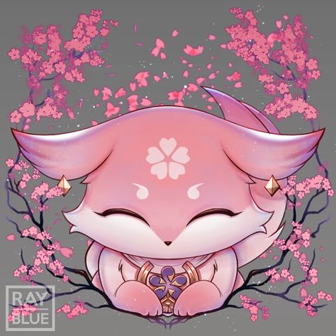 Kitsune Drawing Reference, Yae Miko Fox Form Fanart, Pink Kitsune, Sakura Kitsune, Kawaii Kitsune, Mythical Creatures Drawings, Kitsune Mask, Kitsune Fox, Cute Bunny Cartoon