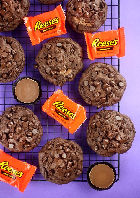 Reese's Chocolate Cookies Stuffed Chocolate Cookies, Jumbo Cookies, Cookie Dough Ingredients, Reese's Chocolate, Cups Ideas, Plating Ideas, Stuffed Cookies, Chocolate Slabs, Peanut Butter Candy