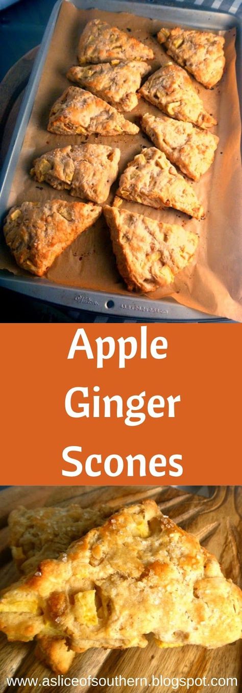 Scones filled with sweet apples and bits of spicy ginger that are soft on the inside, and a little crispy on the outside. The best way to start your day! - Slice of Southern Apple Ginger Scones, Sabbat Recipes, Ginger Scones, Basic Scones, Expensive Steak, Apple Scones, Sweet Apples, Savory Scones, Apple Pie Spice