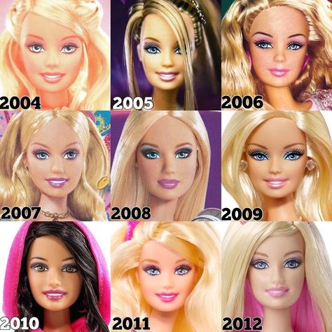 The Doll Archive 💕 on Instagram: "The Evolution of Barbie Through the Years : From 2004 to 2012 💕 _____ #Barbie #BarbaraMillicentRoberts #BarbieDoll #ThePrincessAndThePauper #FashionShowBarbie #TheBarbieDiaries #BarbieAsTheIslandPrincess #Fashionistas #PrincessCharmSchool #BarbieThePrincessAndThePopstar #Doll #Mattel #MattelDoll #TDArchiveBarbieEvolution" Barbie Over The Years, Mattel Barbie Dolls, Barbie Through The Years, Barbie Evolution, Barbie Face, Princess Charm School, Barbie Mattel, Face Mold, Mattel Dolls