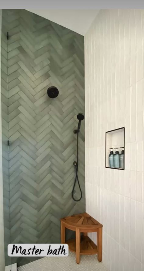 Emerald Powder Room, Herringbone Tile Shower Wall, Chevron Tile Bathroom, Bathroom Herringbone Tile, Corner Shower Ideas, Redo Bathroom, Green Shower Tile, Master Shower Tile, Bathroom Vibes