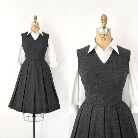 Sweet Bee Finds on Instagram: “SOLD ✨ sold Vintage 50s/60s jumper dress, grey wool body, fitted bodice, v-neck, fitted waist, full box pleated skirt, hidden back metal…” Knife Pleated Dress, Knife Pleated Skirt, Box Pleated Skirt, Pleats Dress, Soft Girl Outfits, Knife Pleat, Diy Wardrobe, Box Pleat Skirt, Aesthetic Dress