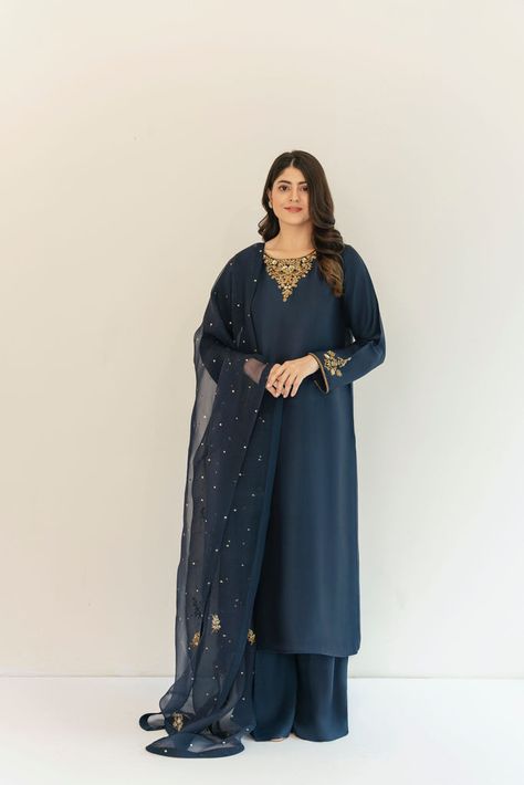 Silk Pakistani Suits, Navy Blue Pakistani Dress, Navy Blue Salwar Suit, Blue Pakistani Dress, Satin Kurta, Salwar Design, Navy Blue Velvet Dress, Raw Silk Dress, Blue Colour Dress