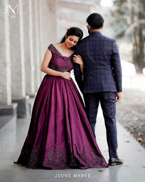 Lehenga Designs Couple, Purple Gown Indian Reception, Lehanga Couple Poses, Pre Wedding Dresses Gowns, Anniversary Dress Ideas Outfits Indian, Couple Poses In Gown, Purple Couple Outfits, Gown For Reception Indian Bride, Engagement Lehanga Outfits