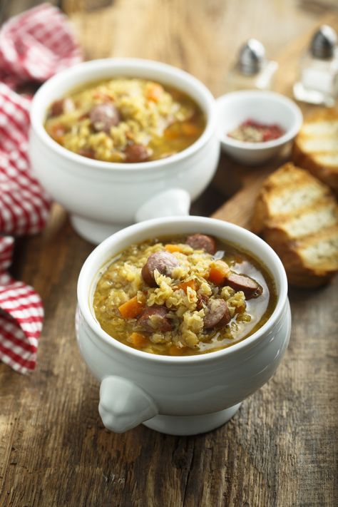 Ina Garden Lentil Soup, Bean Soup Recipes Healthy, Bean Soup With Sausage, Cowboy Salsa, Lentil Sausage, Soup Recipes Easy, Soup Recipes Healthy, Lentil Sausage Soup, Cat Soup