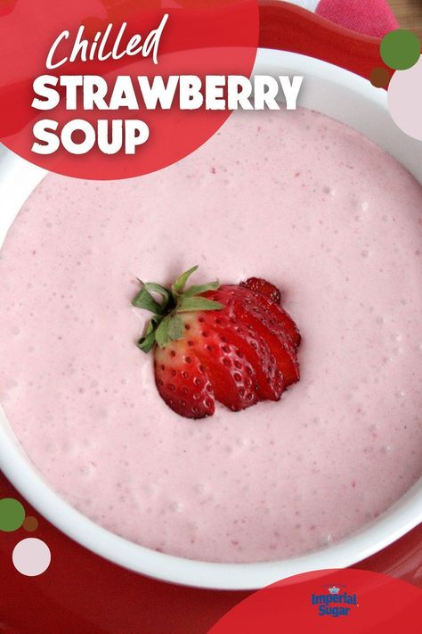 Elevate your summer parties with our refreshing and healthy Chilled Strawberry Soup recipe! This easy to make dish is perfect for outdoor gatherings, BBQs, and all your summer festivities. Blending together fresh strawberries, sugar, and a hint of lemon juice, this chilled soup is a delightful way to cool down on hot days. Visit ImperialSugar.com for the full recipe and more simple strawberry dessert ideas. ideas. Pin your favorites and share your creations with us! Cold Strawberry Soup, Strawberry Soup Chilled, Simple Strawberry Dessert, Strawberry Dessert Ideas, Strawberry Soup Recipe, Chilled Soups, Chilled Soup Recipes, Strawberry Soup, Cold Soup Recipes