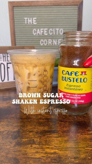 The Cafecito Corner ☕️ on Instagram: "You could never go wrong with a brown sugar shaken espresso and you don’t even need a fancy machine! I feel they taste quite delicious this way too! 🥹 • • ✨Ingredients & Instructions:✨ * Make instant espresso: 2 tsp of instant espresso & 4 TBS of hot or warm water * Add in 1 tbs of brown sugar and MIX WELL * Add in a dash of cinnamon (optional) * Add in ICE and splash of milk * SHAKEEEEE * Swap into new cup & top off w/ milk • #nespresso #starbucksathome #coffeetiktok #coffeerecipe #espresso #baristarecipes #coffeebar #brownsugarshakenespresso #instantcoffee #starbucksdupe #cafebustelo #cafebusteloespresso #cafebustelorecipe" Espresso Coffee At Home, Instant Espresso Recipes Coffee, Hazelnut Oatmilk Shaken Espresso, Esspreso Coffe Diy, Drinks With Instant Coffee, Homemade Brown Sugar Shaken Espresso, Instant Coffee Espresso, Espresso With Instant Coffee, Instant Expresso Recipe