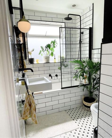 Black And White Tiles Bathroom, Monochrome Bathroom, Black White Bathrooms, Small Bathroom Interior, Bathroom Transformation, White Bathroom Tiles, Small Bathroom Makeover, Bathroom Decor Ideas, Bathroom Inspiration Decor