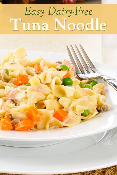 Dairy-Free Tuna Noodle Un-Casserole Recipe (Gluten-Free Option) Dairy Free Tuna Recipes, Dairy Free Tuna Pasta, Tuna Noodle Casserole Dairy Free, Dairy Free Tuna Noodle Casserole Easy, Dairy Free Tuna Noodle Casserole, Dairy Free Tuna Casserole, Gluten Free Tuna Noodle Casserole, Dairy Free Casserole, Gf Df Tuna Noodle Casserole