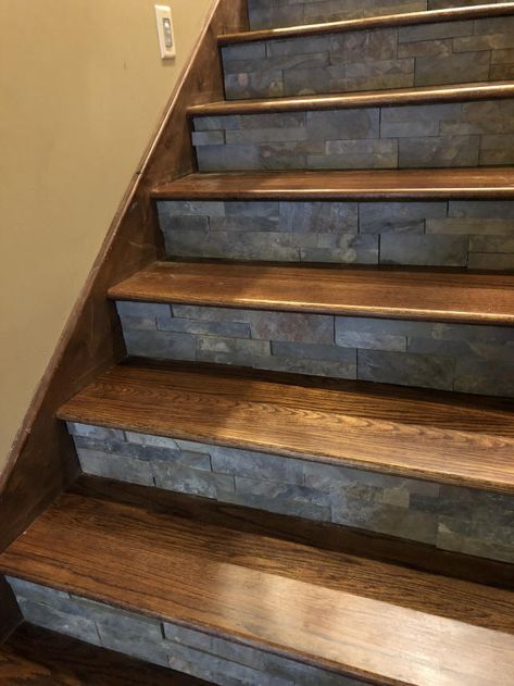 Hardwood Stair Treads, Stairs Remodel, Redo Stairs, Diy Staircase Makeover, Carpeted Stairs, Farmhouse Stairs, Wood Stair Treads, Tiled Staircase, Rustic Staircase