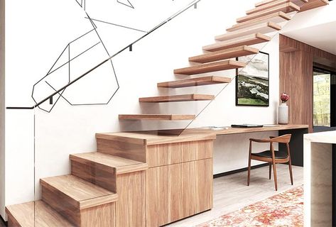 Instead of having an empty unused space under these modern stairs, the designers combined the stairs, desk, and storage all together, creating a cohesive and useful space. #StairDesign #HomeOffice #BuiltInDesk #ModernStairs Desk Under Stairs, Under Stairs Dog House, Space Under Stairs, Stairs In Living Room, Floating Stairs, Modern Stairs, Wooden Stairs, Modern Cottage, Stair Storage