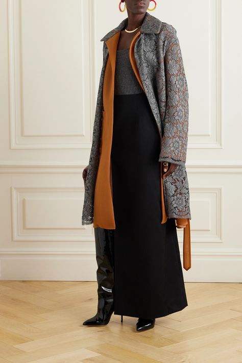 Dries Van Noten's coat is made from slightly sheer orange crepe and overlaid with gray guipure lace - the contrast in the colors is so striking. Designed for a relaxed fit, it has a belt to cinch in the waist and a wide, structured collar. Coat Styling, Lace Coat, Upscale Fashion, Bear Coat, Blanket Coat, Guipure Lace, Shearling Coat, Beautiful Clothes, Dries Van Noten