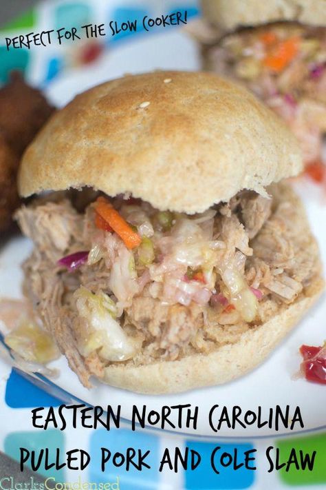 Slow Cooker Pulled Pork This eastern carolina bbq pulled pork has the perfect amount of vinegar, heat, and sweetness. It's especially de... #CarolinaSauce North Carolina Pulled Pork, Carolina Barbecue, Carolina Pulled Pork, Carolina Bbq, Carolina Bbq Sauce, Homemade Hamburger Buns, Barbecue Pulled Pork, Eastern North Carolina, Barbecue Sauce Recipes