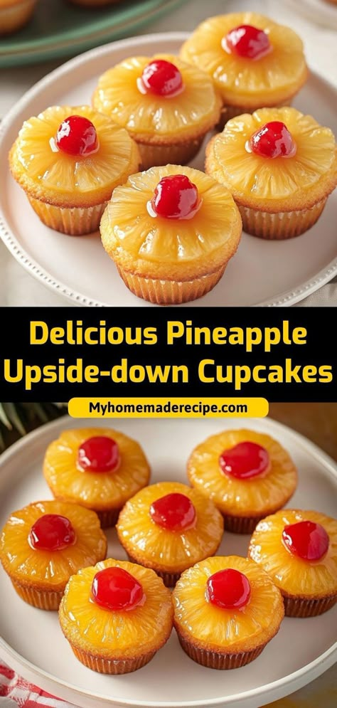 These pineapple upside-down cupcakes are sweet, fruity, and topped with caramelized pineapple and cherries. A mini version of the classic dessert! Ingredients: 1 box yellow cake mix 1 can pineapple slices 12 maraschino cherries ½ cup brown sugar Make these delicious pineapple upside-down cupcakes for a fun and fruity dessert everyone will love Pineapple Upside Down Cake Cupcakes, Meals After Surgery, Pineapple Upside Down Bundt Cake Recipe, Cupcake Recipes Unique, Pineapple Upside Down Bundt Cake, Pineapple Upside Down Bundt, Upside Down Bundt Cake, Upside Down Cupcakes, Mini Pineapple Upside Down Cakes