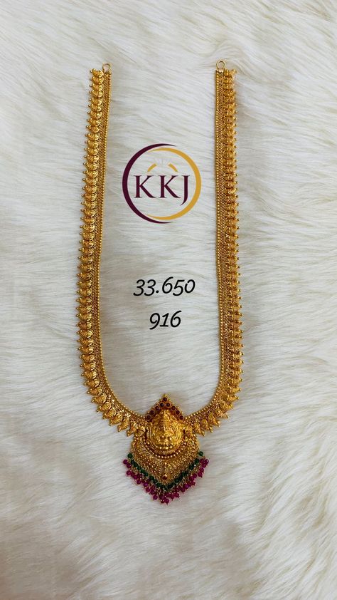 Hara Designs Gold, Antique Long Chain Designs Gold, Simple Long Haram Gold Jewellery Designs, Mini Haram Gold Designs, Long Chains Indian Gold, Muvvala Haram, Long Haram Gold Jewellery Designs, Chudi Designs, Kasula Peru