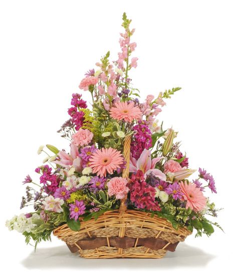 loving sentiments, pink pastel mix,  basket arrangements, floor basket, table basket, funeral, sympathy, deceased, funeral home, family funeral flowers, carnations, carnation, carns, mini carnations, alstromeria, alstro, fragrant stock, stargazer lilies, stargazers, lily, asters, wax flower, caspia, button & daisy pomps, female funeral flowers, sympathy, sympathy flowers, funeral home This lovely pastel mix is designed with a variety of beautiful fresh flowers in a basket. There are carnations, Flowers Carnations, Flowers In A Basket, Floor Basket, Tall Flower Arrangements, Sympathy Floral, Urn Arrangements, Basket Flower Arrangements, Floor Baskets, Altar Flowers