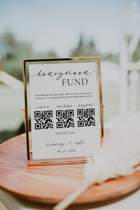 Are you planning a wedding but don't have the money yet? No problem! With this honeymoon fund sign, you can easily start raising money for your big day. Just print out the QR code and post it around your venue or use the link to send people money online via Venmo. This modern minimalist wedding sign is perfect for a boho wedding or any modern event. Plus, it's super easy to set up - just print out the PDF file and hang it up! **Please note this is a digital product - no physical item will be shipped to you. Once you have placed your order you will receive a link to edit your template online using the software Canva. get access immediately and create your perfect design! ---------------------------------- This Download Is An Editable Template  Includes: x2 Honeymoon Fund Wedding Sign: (5 x Honeymoon Funds Ideas, Qr Code For Wedding Money, Wedding Honeymoon Fund Ideas, Wedding Venmo Sign, Venmo Wedding Sign, Wedding Vendor Gift Ideas, Ways To Save Money On A Wedding, Honeymoon Fund Box Ideas, Honeymoon Fund Wedding