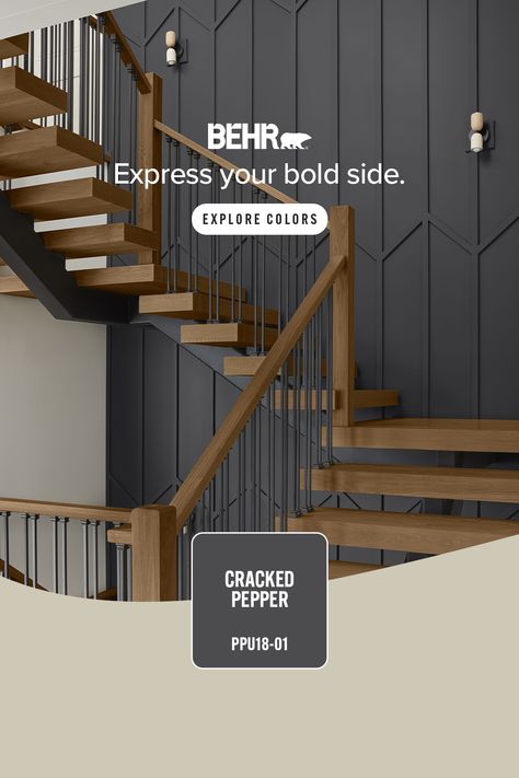 Cracked Pepper, a sophisticated black that creates a soothing sense of warmth in your home. Cracked Pepper Paint, Pepper Paint, Accent Paint Colors, Behr Colors, Color Of The Month, Behr Paint Colors, Choosing Paint, Behr Paint, Neutral Paint Colors