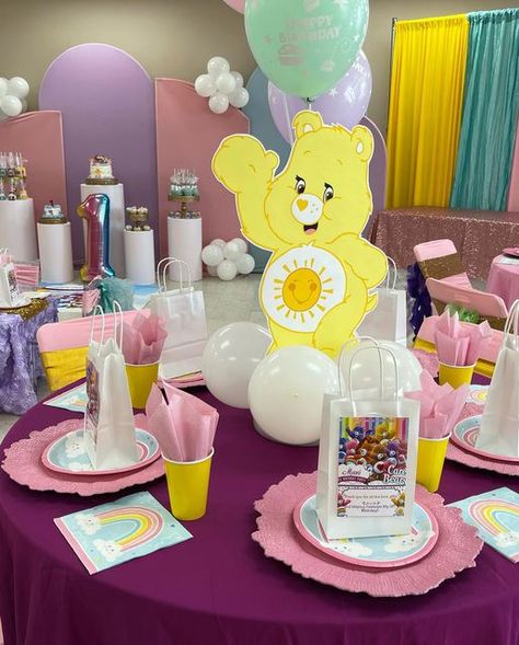 Care Bears Centerpieces Ideas, Care Bear Table Centerpieces, Care Bear Centerpieces Birthday Parties, Care Bears 1st Birthday, Care Bears Party Decorations, Care Bear Backdrop Ideas, Care Bear Centerpieces, Baby Shower Ideas Carebears, Care Bears Birthday Party Centerpieces