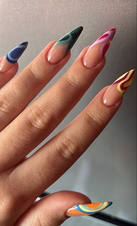 Oval Nails Colorful, Almond Junk Nails, Every Nail Different Design, Unique Almond Nails, Graphic Nail Designs, Almond Nails Black Women, Abstract Art Nails, Kutek Disney, Unghie Sfumate