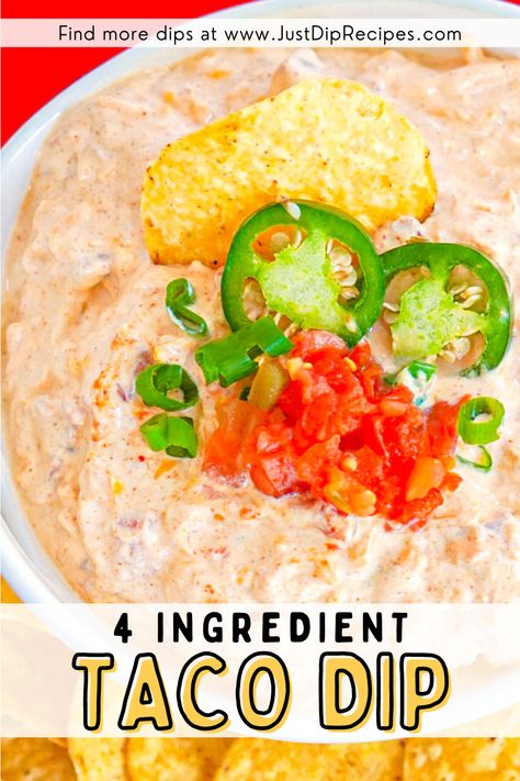 4 Ingredient Taco Dip is everything you want and need in a cold dip for a party appetizer (hello, Cinco de Mayo!). This Taco Dip takes just 5 minutes to prepare and there are only four ingredients Dip For Tostitos, Cream Cheese Taco Dip Cold, Tostitos Dip Recipes, Chip Dips For Parties Cold, Cold Taco Dip With Cream Cheese, Taco Dip Cold, Best Cold Dips For Parties, Summer Dips And Appetizers Cold, Cold Dips Recipes