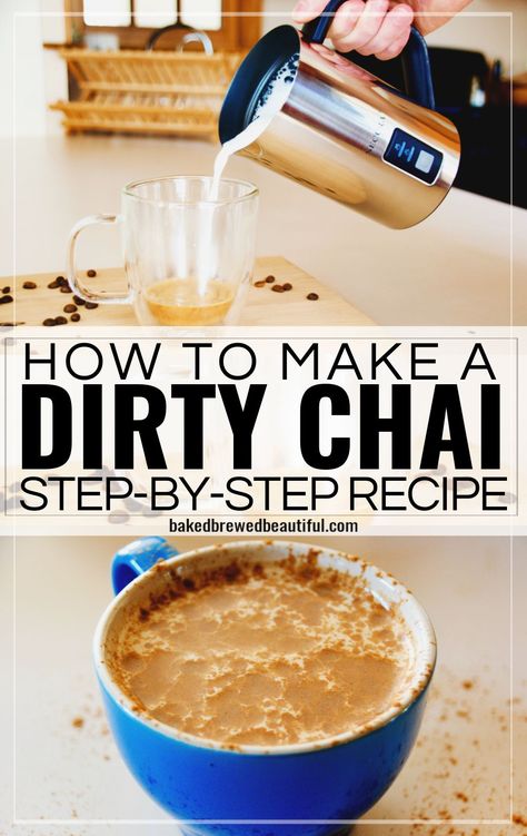 Dirty Chai Latte Starbucks, Chai Coffee Recipe, Dirty Chai Latte Recipe, Coffee Diy Recipes, Seasonal Coffee Drinks, Homemade Iced Coffee Recipe, Chai Latte Starbucks, Dirty Chai Latte, Espresso Drink Recipes