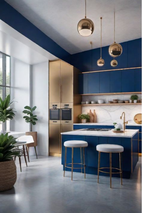 Dramatic small kitchen with blue cabinets and gold details Royal Color Combinations, Royal Blue Colour Combination, Royal Blue Kitchen, Kitchen Colour Combination, Kitchen Colour, Tiny Cooking, Simple Living Room Decor, Blue Color Combinations, Kitchen Decor Inspiration