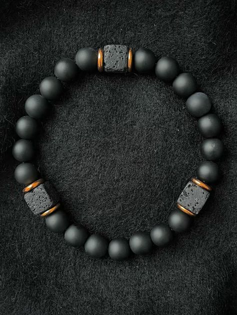 Men Beaded Bracelet Ideas Diy, Bracelet Stone Beads, Stones Bracelets Ideas, Men’s Beaded Jewelry, Men's Beaded Bracelets, Black Lava Stone Bracelet Jewelry, Men’s Beaded Bracelet, Men Beaded Bracelet Ideas, Mens Beaded Jewelry