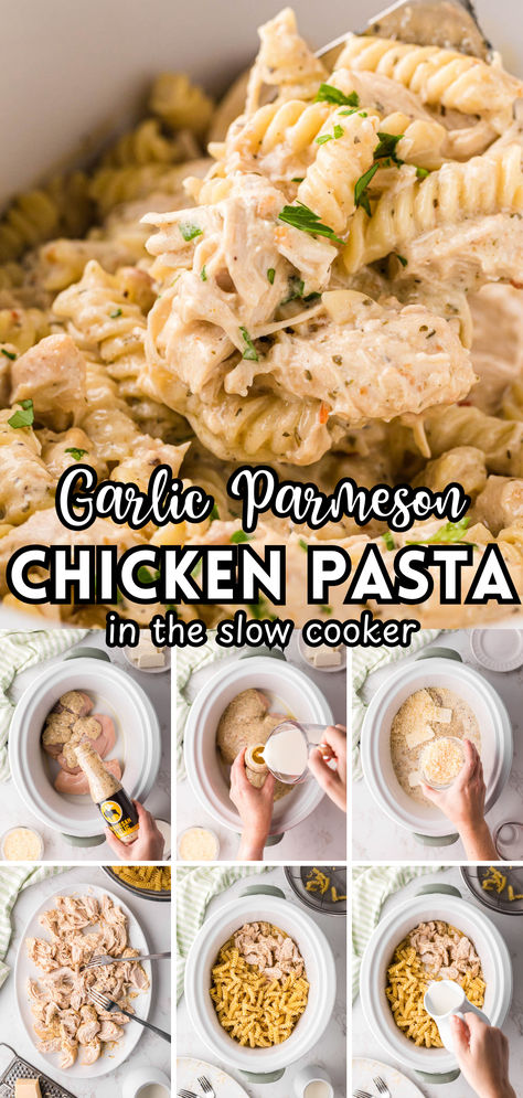 Busy days call for meals that feel indulgent without the extra work—and that’s exactly what this Slow Cooker Parmesan Garlic Chicken Pasta brings to the table! With just a few simple ingredients, the Crockpot takes care of everything, leaving you with a flavor-packed, comforting dish that your family will ask for again and again.  What I love about this dish is how it makes a busy day feel just a little more manageable. Creamy Garlic Parmesan Chicken Pasta Crockpot, Chicken Penne Crockpot Recipes, Easy Crockpot Dinners Pasta, Slow Cooker Garlic Chicken Pasta, Chicken Parmesan Noodles Recipe, Easy Crockpot Recipes With Pasta, Crockpot Recipes Garlic Parmesan Chicken, Uncooked Pasta In Crockpot, Crockpot Italian Pasta