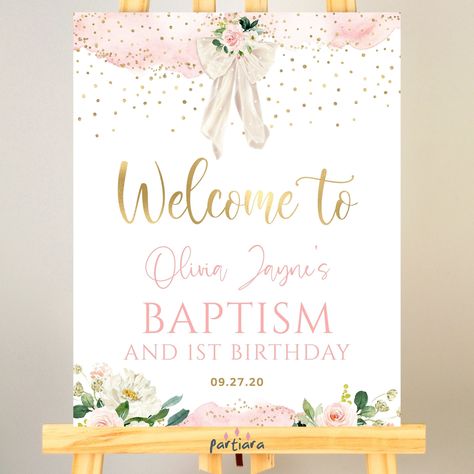 "Pink Floral Welcome Sign Baby Girl Baptism 1st Birthday Party Welcome Poster Decoration Blush Gold Editable Printable Instant Download P113 ★★ MATCHING ITEMS ★★ For all co-ordinating items, please take a look here: https://etsy.me/2JyUlkN TRY THE FREE DEMO BEFORE YOU BUY! Copy and paste the URL into your browser to Demo: https://www.corjl.com/d/4DC7J8 Create your personalized Party Welcome Sign in minutes. Download, print or send online. Easy to customize, using our editable template design. An Girl Baptism Party, Bautizo Ideas Decoracion, Bautizo Ideas, Floral Welcome Sign, 1st Birthday Signs, Birthday Signs, Poster Decoration, 1st Birthday Pictures