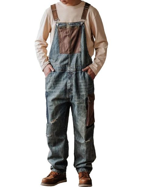 PRICES MAY VARY. Material: Men's denim bib overalls made of durable material, midweight, ripstop, soft denim provides you maximum comfort Stylish: Ripped distressed style jumpsuit with adjustable suspenders, low back, loose fit style, contrast color, makes these denim coveralls feel fresh and attractive Multi Pockets: Fashion work overall button fly with zipper closure, 2 side pockets and 1 back pockets, 1 oversized cargo pockets, 1 big bib pockets with zipper for convenient storage All Matching Overalls With Sweater, Overalls Men Fashion, Overalls Boy, Work Coveralls, Denim Coverall, Overalls Vintage, Men's Uniforms, Overalls Men, Style Jumpsuit