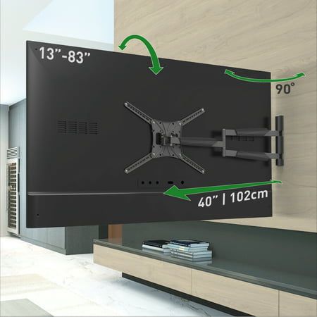 The Barkan full motion, 4 - movement TV wall mount with rotate, fold, swivel and tilt options fits screens sizes 13 - 83 inches and weight up to 110lbs. The minimum distance between the mount and the wall is only 2.7 in. and the maximum distance is 40 in. which allows 90 degree-swivel for screens up to 83 in. (width up to 75.6 in.) It is extremely extendable in open position therefore allows viewing from a variety of places and locating the screen around the corner of a wall. In closed position Long Tv Wall, Curved Tvs, Support Mural Tv, Curved Screen, Tv Wall Mount, Support Tv, Tv Mounts, Tv Bracket, Long Walls