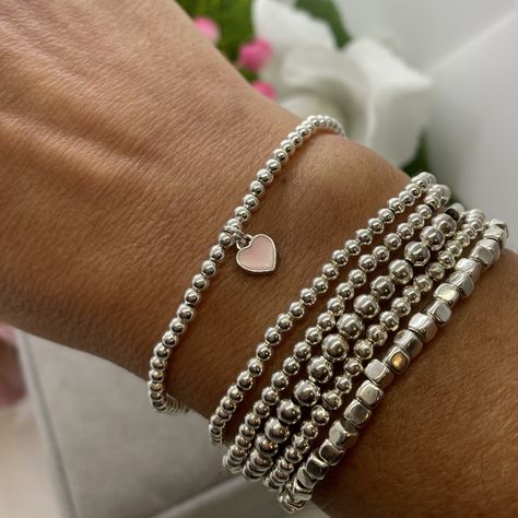 Beaded Bracelets Silver, Pink Silver Beaded Bracelet, Silver Beads Bracelet, Prom Scrapbook, Pink Heart Bracelet, Silver Beaded Bracelets, Silver Bracelet Stack, Bracelet Layering, Silver Beaded Bracelet