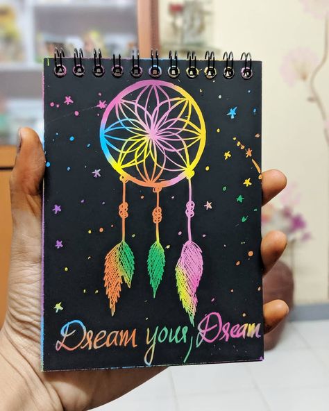 Loving this scratch book😍  #art  Dream catcher in a scratch book. Colorful in it's own way 🥰 Paintings On Sketch Book, Black Paper Art Ideas Creative, Scratch Paper Art Ideas, Scratch Book Art, Scratch Book Ideas, Scratch Art Ideas Easy, Scratch Art Designs, Rainbow Scratch Art Ideas, Scratch Art Ideas