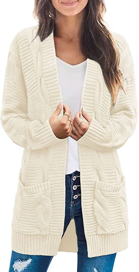 MEROKEETY Women's Long Sleeve Cable Knit Cardigan Sweaters Open Front Fall Outwear Coat at Amazon Women’s Clothing store Dik Vest, Autumn Outwear, Warm Cardigan, Cable Knit Sweater Cardigan, Cardigan Casual, Outwear Coat, Gilet Long, Cardigan Sweaters, Classic Cardigan