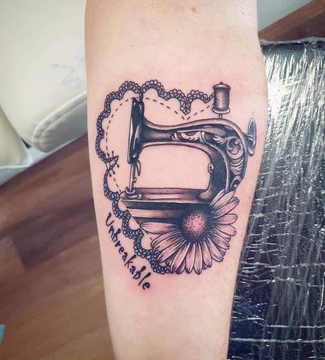 Cute Sewing tattoo with flower Sewing Related Tattoos, Crafters Tattoo, Sewing Tattoo Grandma, Sewing Needle Tattoo, Sewing Tattoo Ideas, Sewing Tattoo Design, Sewing Tattoo, Quilt Tattoo, Sewing Machine Tattoo