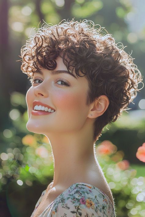 Discover the allure of a chic pixie cut that beautifully frames your face while enhancing your natural curls. This stunning take on curly hairstyles effortlessly combines elegance and edge, making it ideal for those wanting a fresh, stylish update. The playful volume and texture of curls add movement and personality to this timeless look. Embrace your individuality and let your curls shine with this fabulous pixie! Pixie Cropped Hair, Permed Pixie, Short Curly Pixie Cut, Short Stacked Hair, Curly Crop, Short Curly Hairstyles For Women, Short Curly Pixie, Curly Pixie Haircuts, Stacked Hair