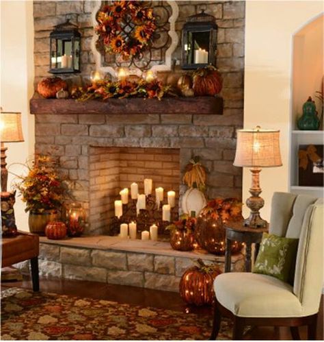 I love having a fire in the fireplace....but living in Louisiana it's too hot! Candles will give a similar glow but not cause heat stroke! Fall Mantle Decor, Fall Fireplace, Fall Mantle, Fall Thanksgiving Decor, Fall Deco, Autumn Decorating, Fall Mantel Decorations, Fall Mantel, Mantel Decor