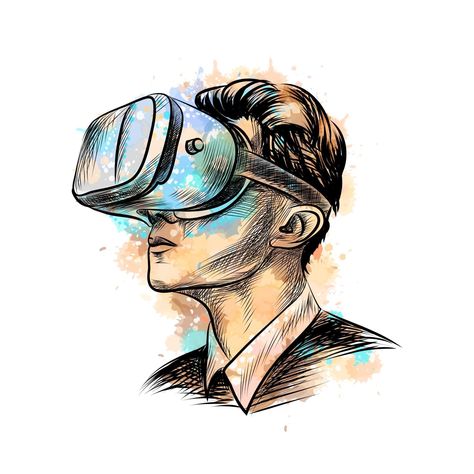 Man wearing virtual reality headset from a splash of watercolor, hand drawn sketch. Vector illustration of paints Reality Drawing, Virtual Reality Art, Virtual Reality Design, Reality Art, Ar Vr, Virtual Reality Headset, Virtual Reality, Premium Vector, Headset