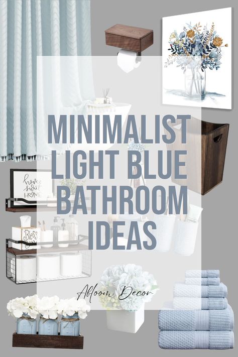 Are you searching for the perfect minimalist light blue bathroom ideas? I curated a bathroom design from baby blue bathroom decorations paired with dark wood accessories to add dimension and warmth to the room. From the pale blue bathroom accessories to the light and airy blue floral aesthetic, this mood board is calming and tranquil. Shop these light blue bathroom decor ideas or use for bathroom inspiration for your home! Bathroom With Light Blue Walls, Small Light Blue Bathroom Ideas, Light Blue And White Bathroom Ideas, Blue Boho Bathroom Ideas, Cream And Blue Bathroom, Blue And White Guest Room Ideas, Light Blue Master Bath, Light Blue And Wood Bathroom, Dusty Blue Bathroom Ideas