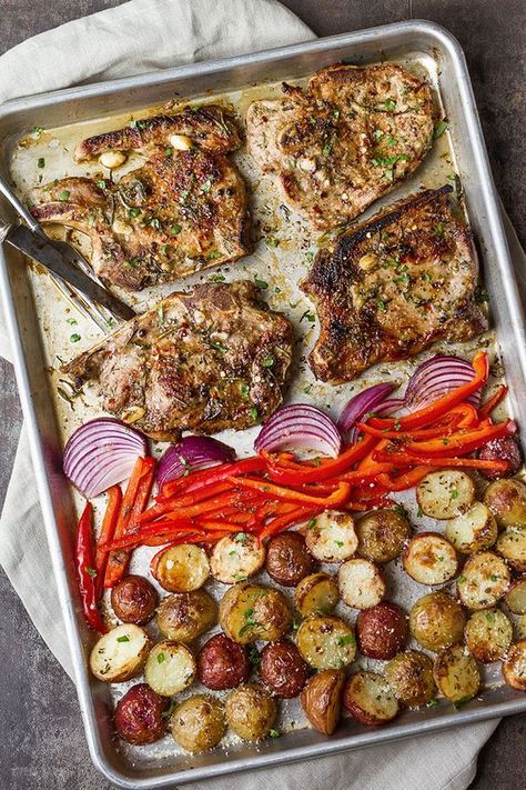 Sheet Pan Pork Chops in Oven — A quick and easy sheet pan dinner you can whip up in a breeze. Pork Chops In Oven, Sheet Pan Pork Chops, Sheet Pan Pork, Easy Sheet Pan Dinner, Oven Pork Chops, Pan Pork Chops, Healthy Main Meals, Recipe Sheet, Pork Chops And Potatoes