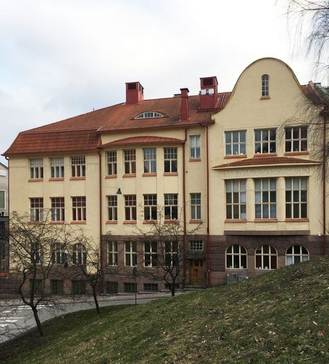 Swedish Co-educational School · Finnish Architecture Navigator Finnish Architecture, School Outside, Human Environment, Facade Material, Mansard Roof, Grey Granite, Granite Stone, School Building, School Board